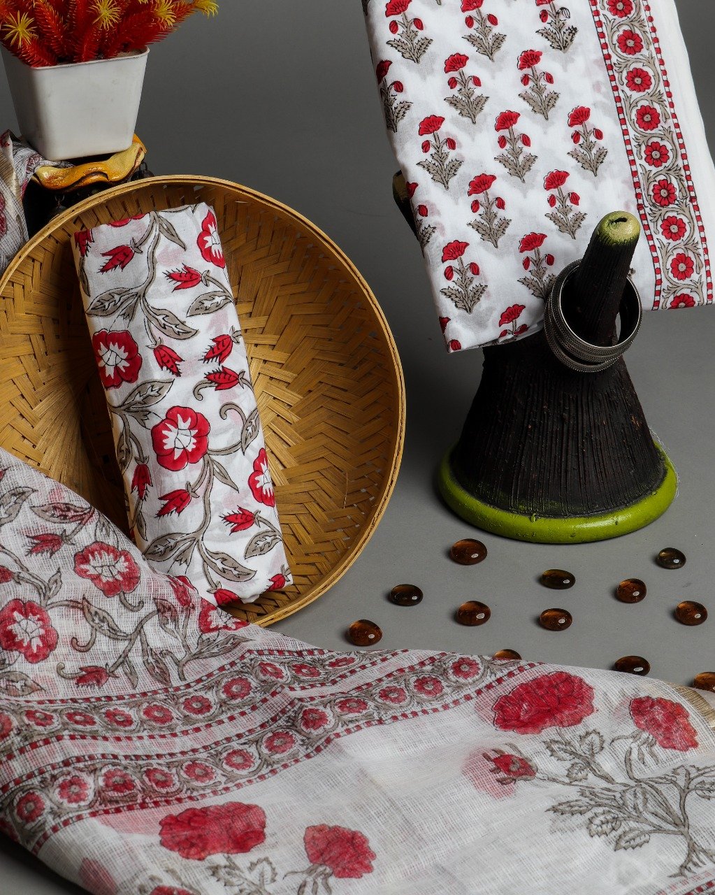 Shop Unstitched Hand Block Print Pure Cotton Suits with Kota Doria Dupatta (T3CKD358)