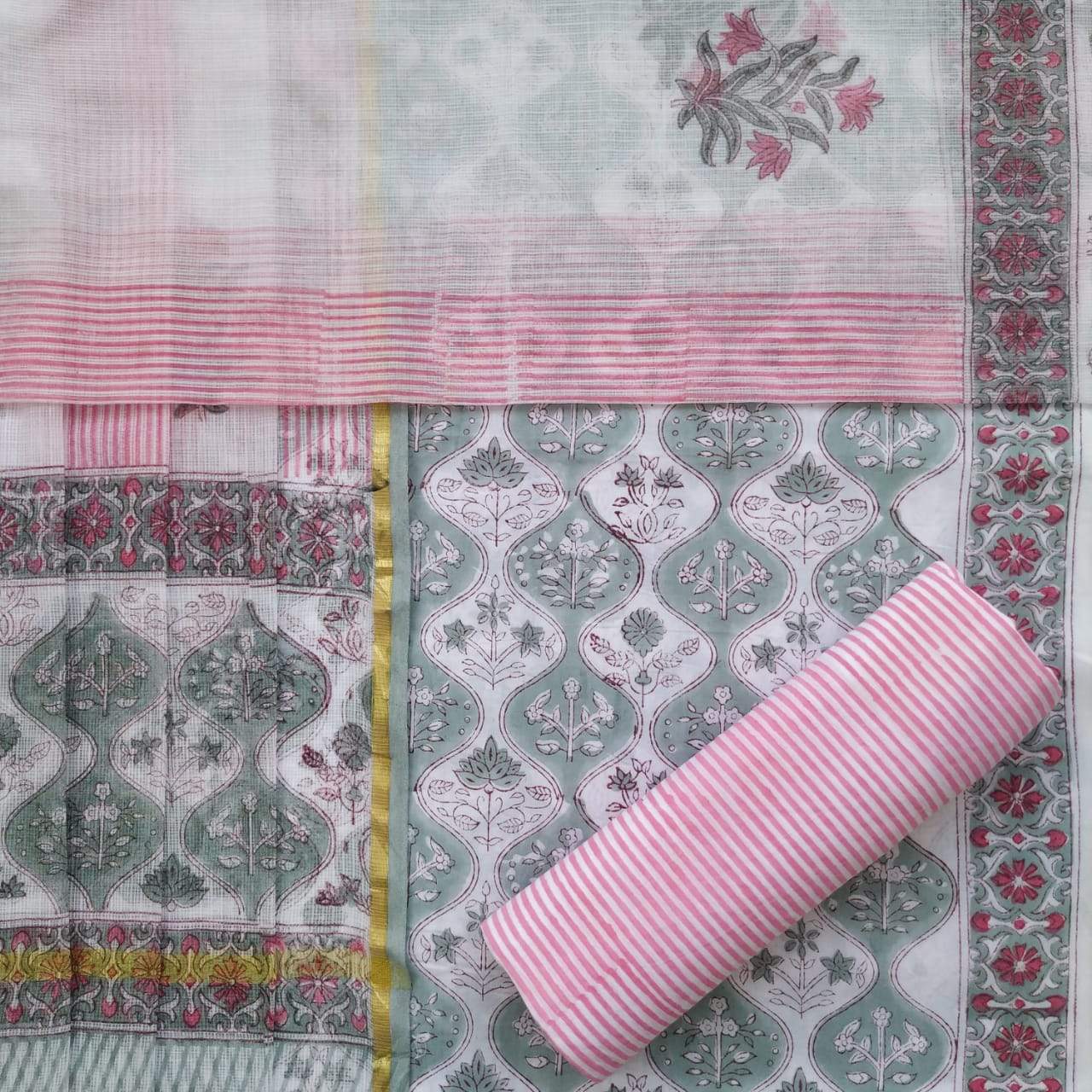 shop cotton suit with kota doria dupatta block print suit