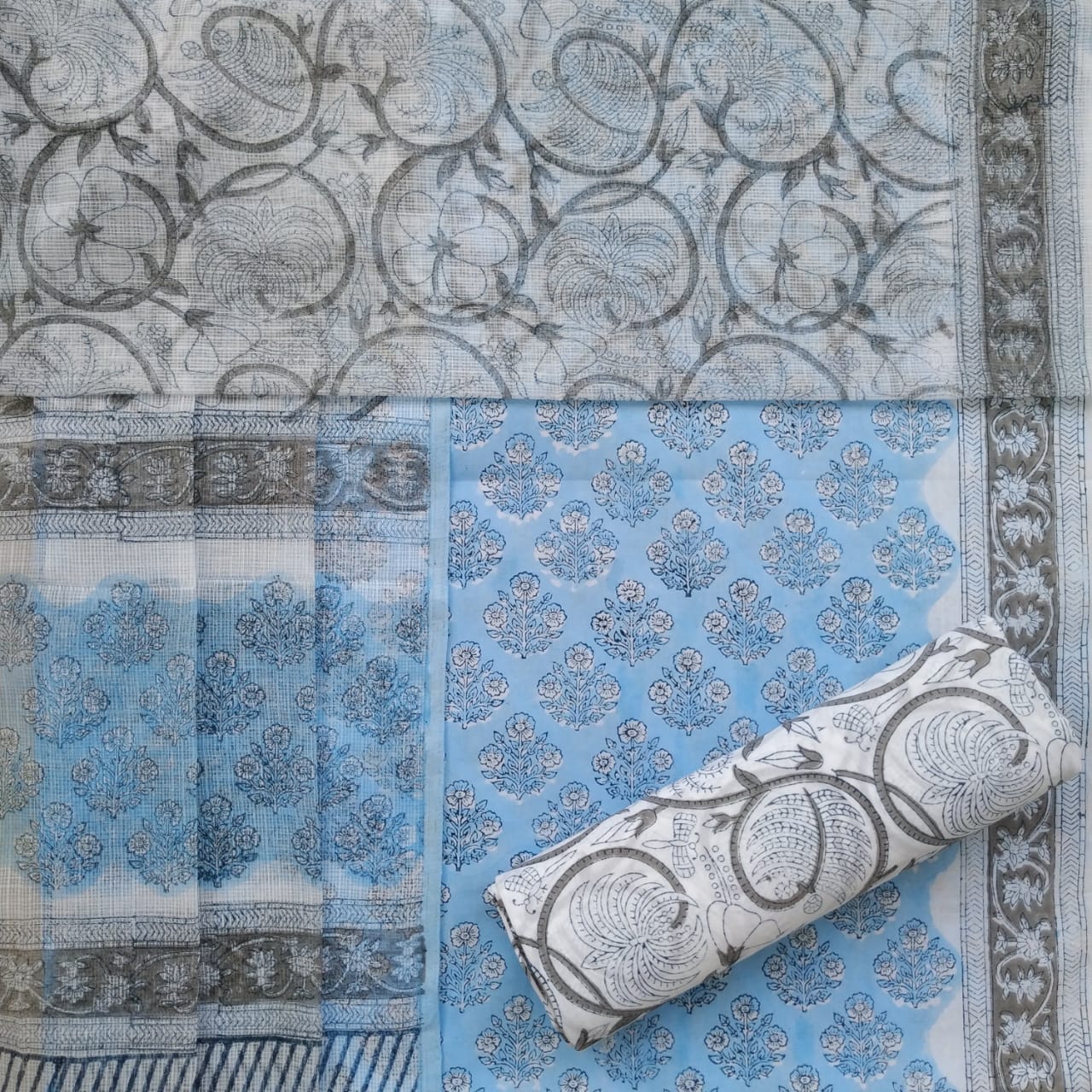 Shop Unstitched Hand Block Print Pure Cotton Suits with Kota Doria Dupatta (T3CKD380)