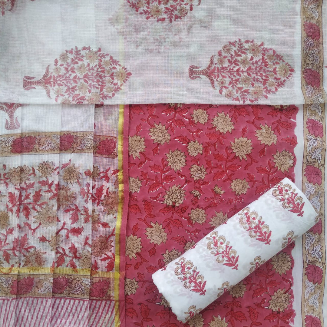 Shop Unstitched Hand Block Print Pure Cotton Suits with Kota Doria Dupatta (T3CKD387)