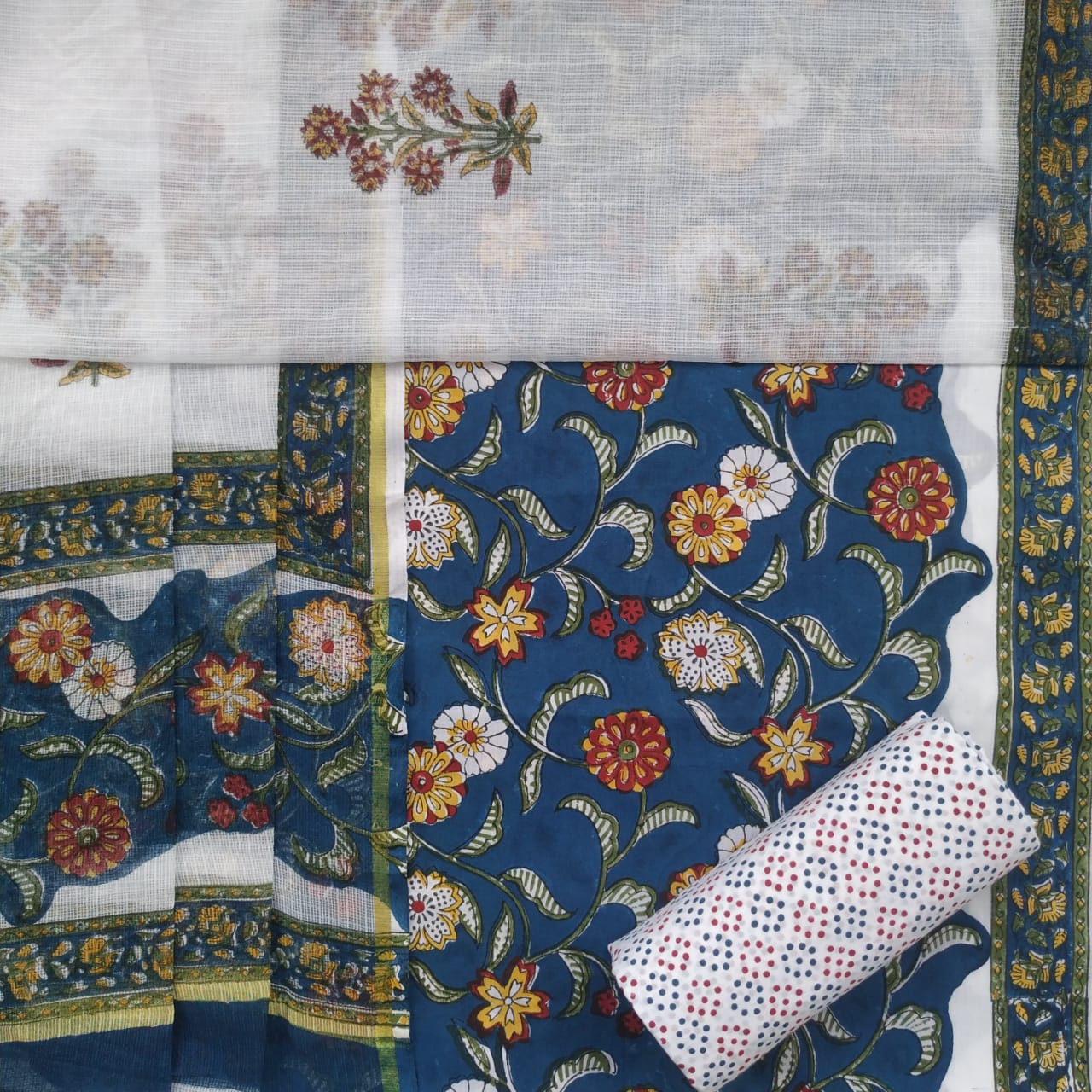 shop unstitched cotton suits with kota doria dupatta