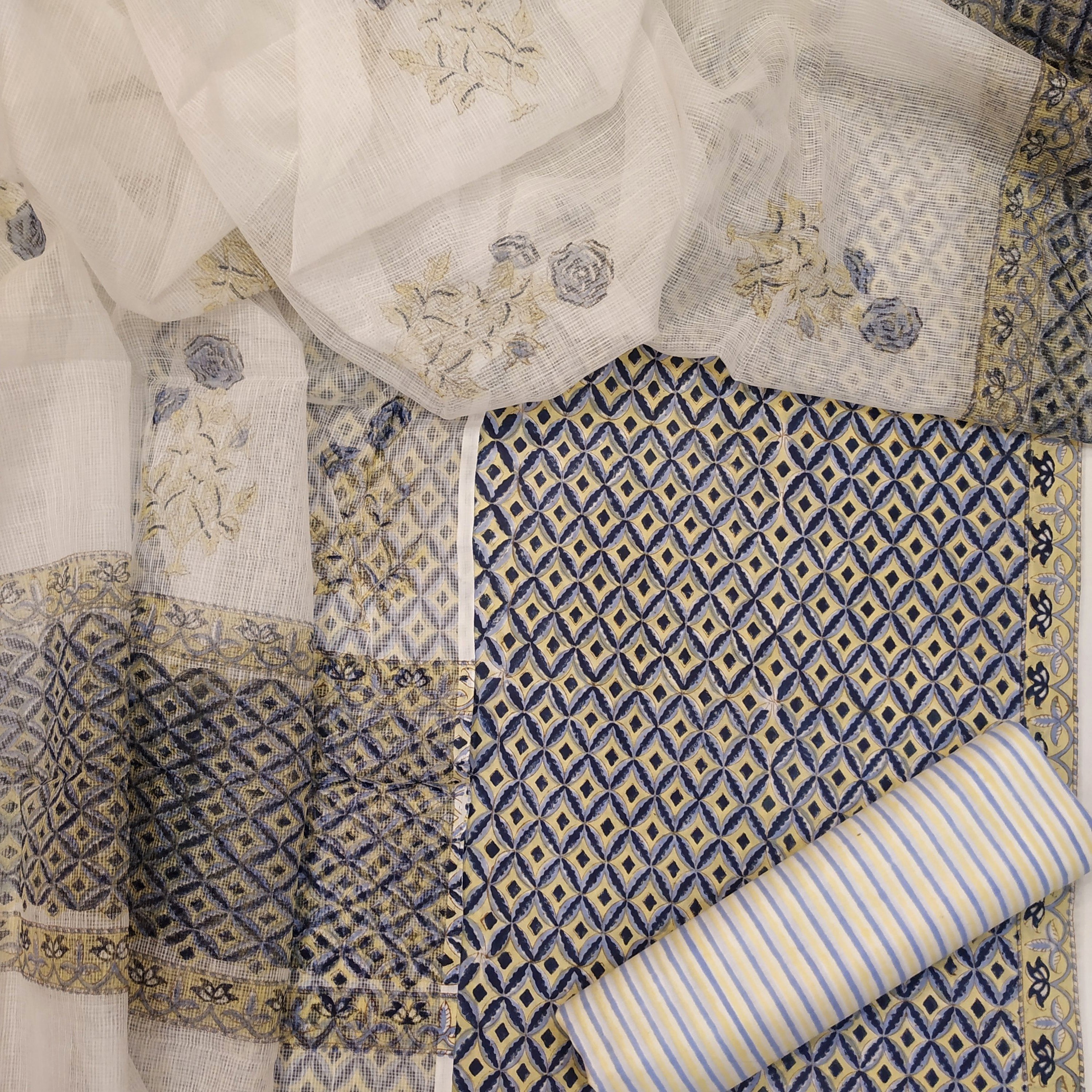 Shop Unstitched Hand Block Print Pure Cotton Suits with Kota Doria Dupatta (T3CKD61)