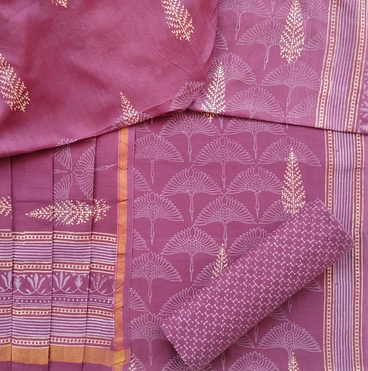 Shop Unstitched Hand Block Print Chanderi Silk Suit sets (TCHA429)