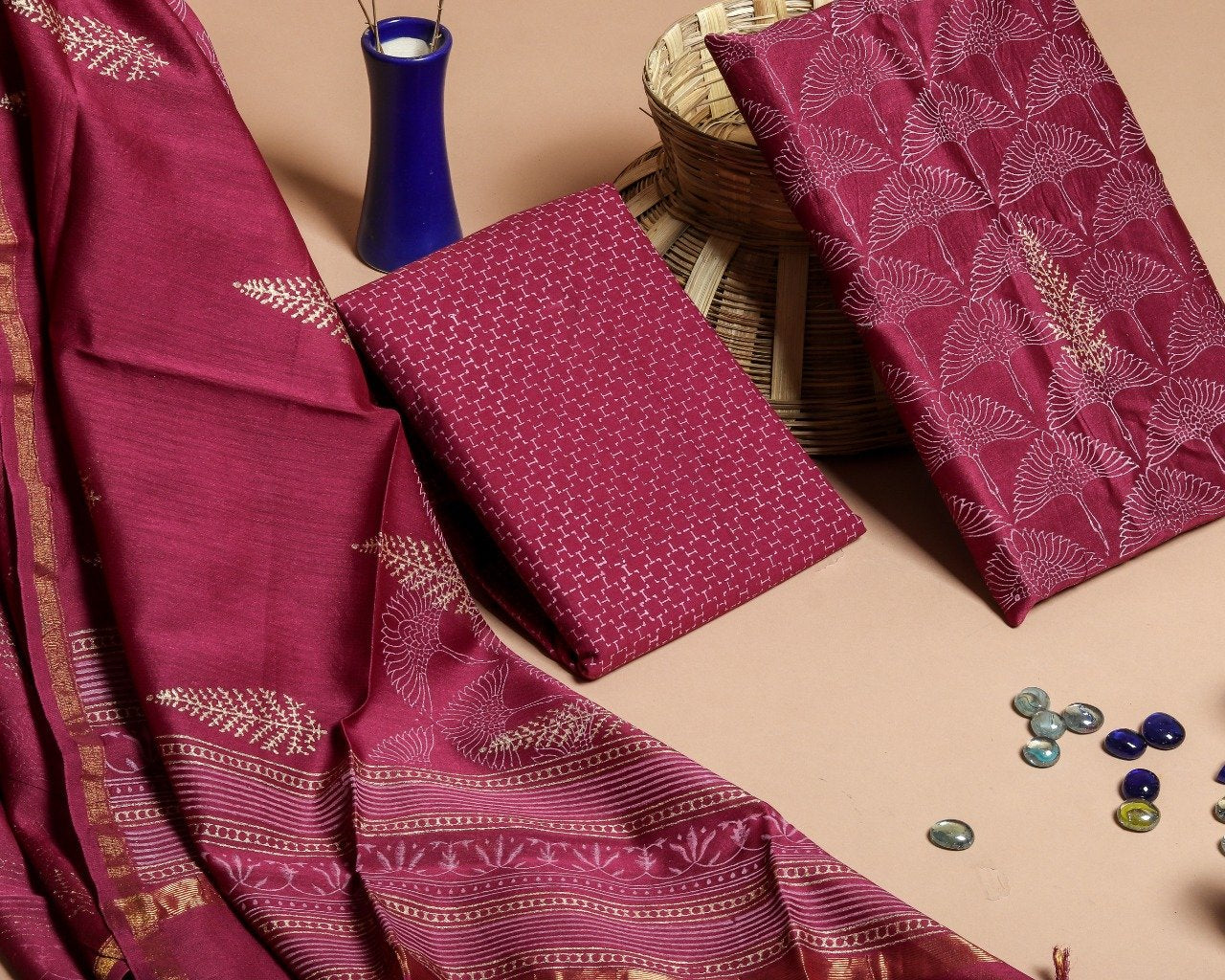 Shop Unstitched Hand Block Print Chanderi Silk Suit sets (TCHA429)