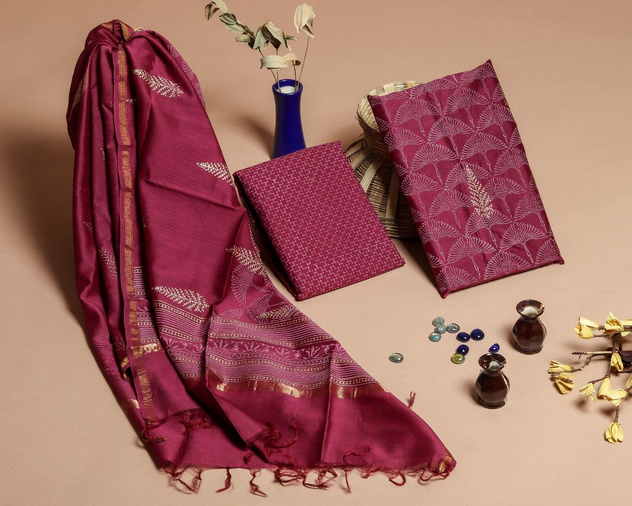 Shop Unstitched Hand Block Print Chanderi Silk Suit sets (TCHA429)