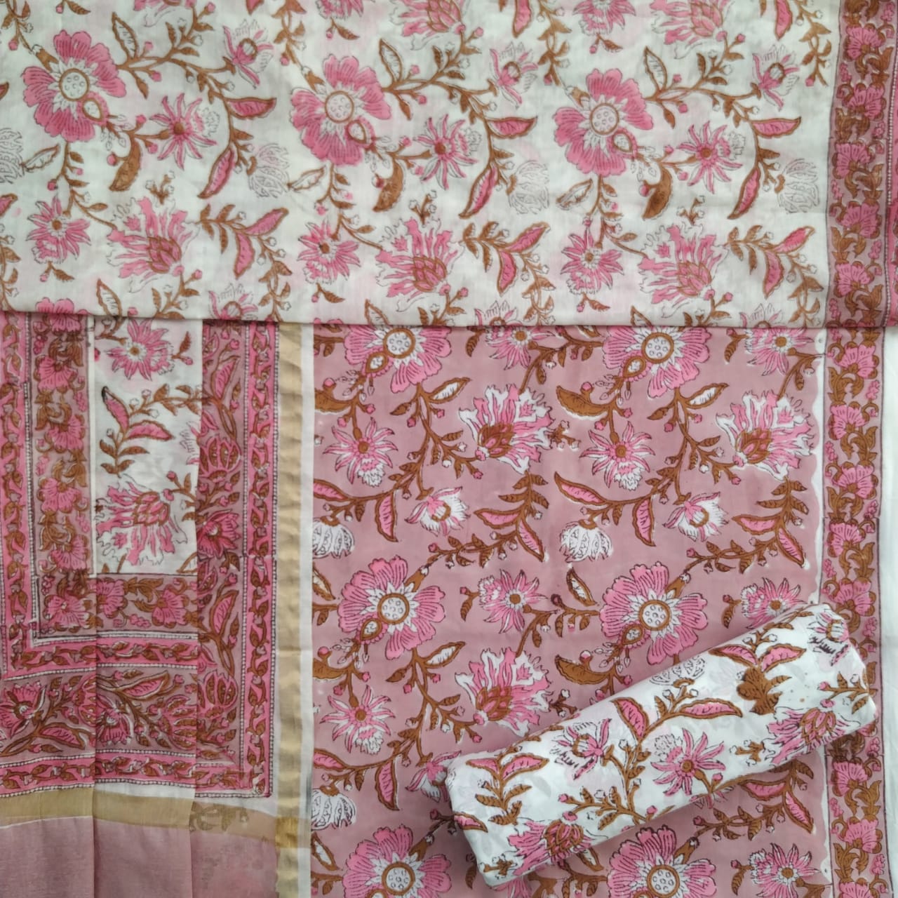 Shop Unstitched Block Print Pure Cotton Suits with Premium Chanderi Silk Dupatta (TCHD67)