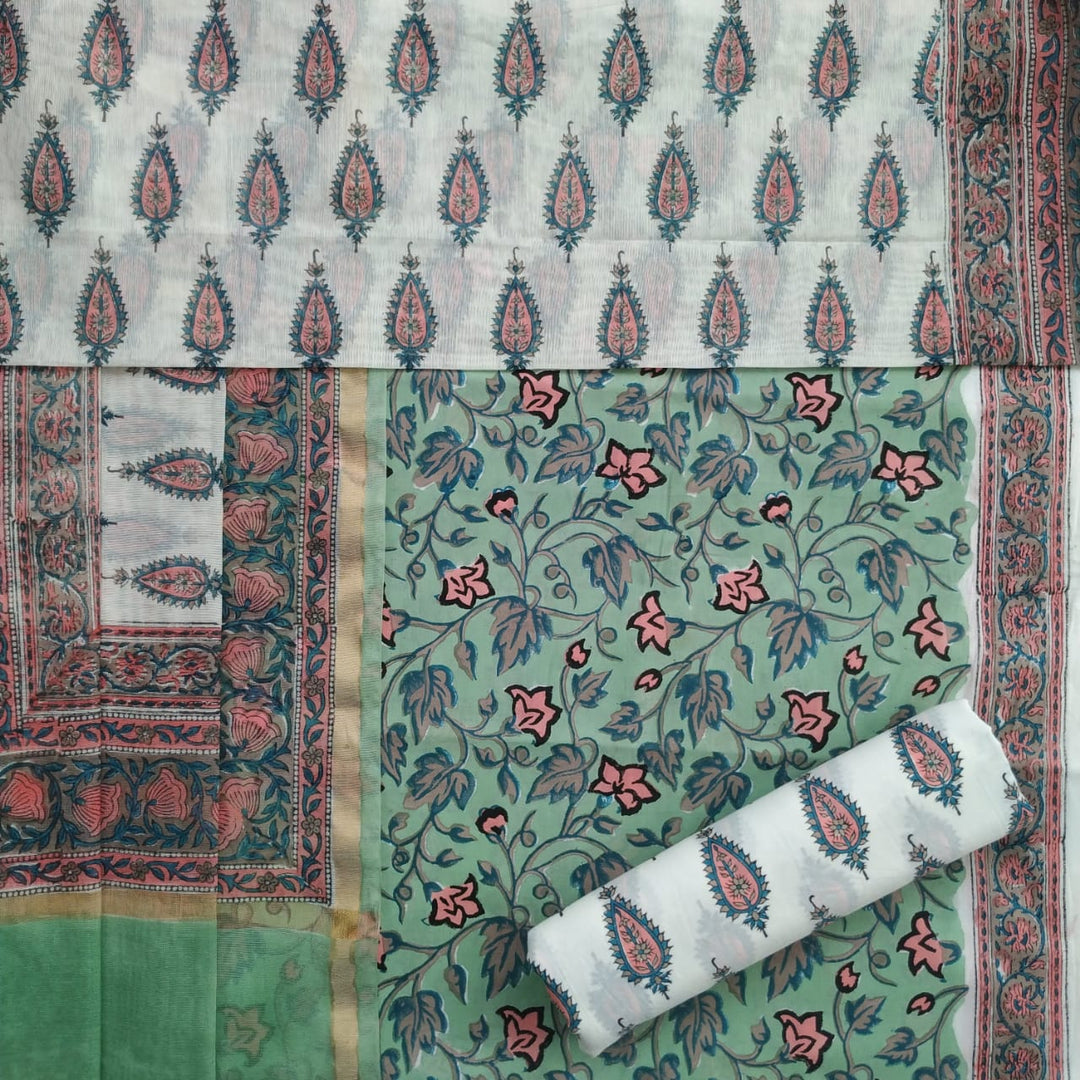 Shop Unstitched Hand Block Print Pure Cotton Suits with Premium Chanderi Silk Dupatta (TCHD68)