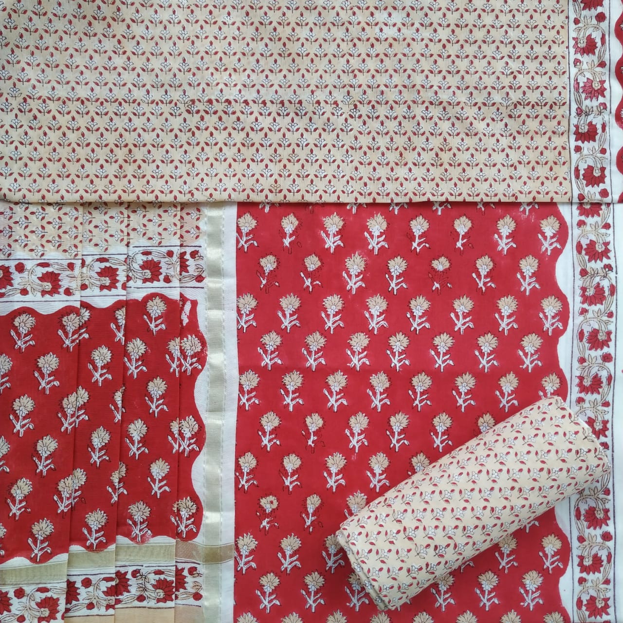 Shop Unstitched Hand Block Print Pure Cotton Suits with Premium Chanderi Silk Dupatta (TCHD77)