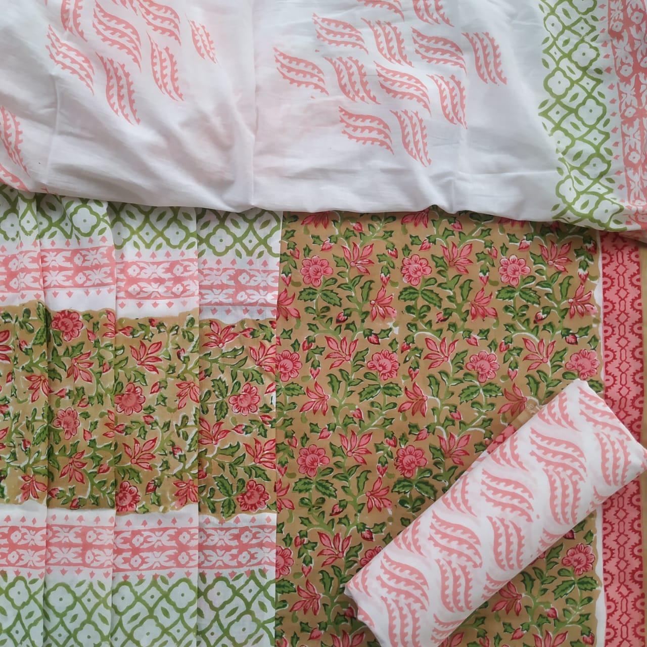 Shop Unstitched Block Print Pure Cotton Suits with Mulmul Dupatta (TCOT79)