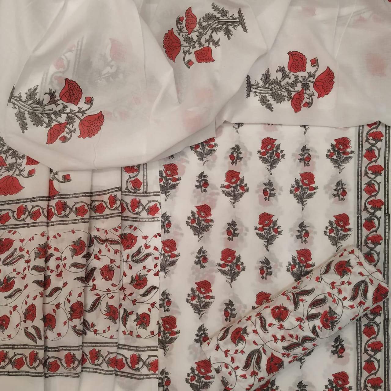 Shop Unstitched Block Print Pure Cotton Dress Material with Cotton Mulmul Dupatta (TMAL131)