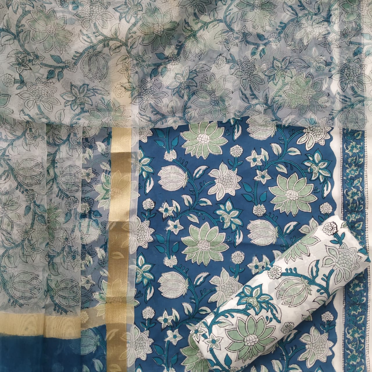 Shop Unstitched Block Print Pure Cotton Suits with Organza Dupatta (TORG49)