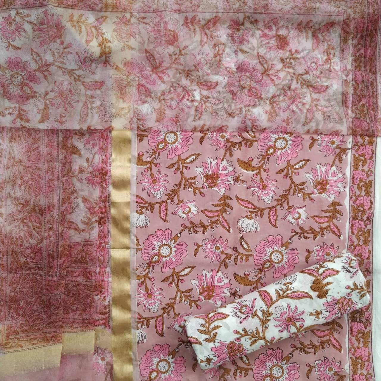 Shop Unstitched Block Print Pure Cotton Suits with Organza Dupatta (TORG74)