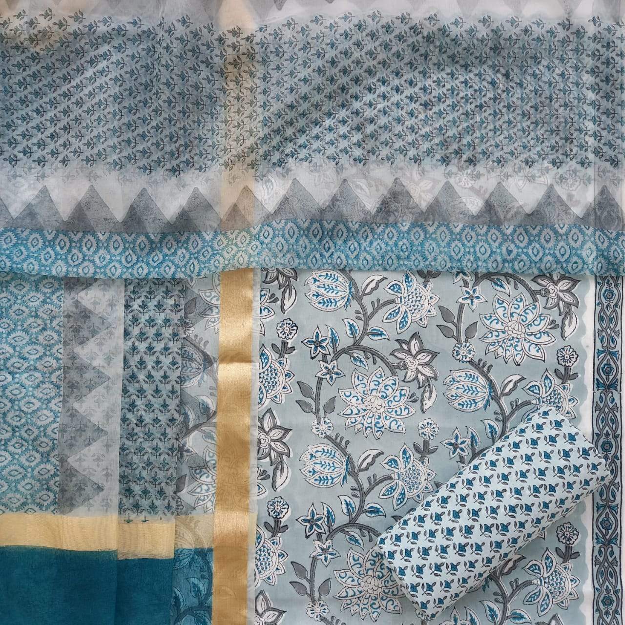 Shop Unstitched Hand Block Print Pure Cotton Suits with Organza Dupatta (TORG82)