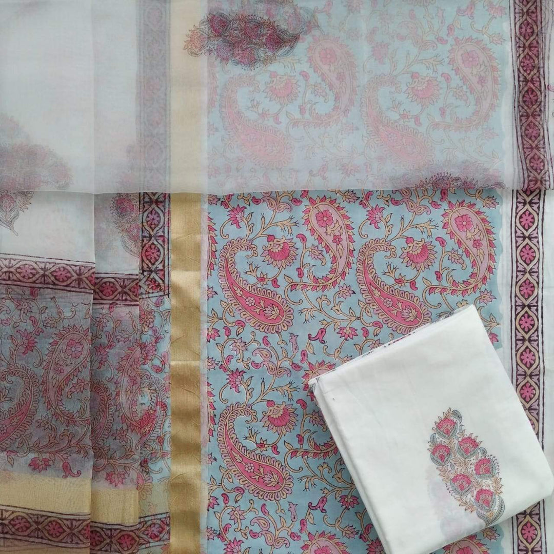 Shop Unstitched Hand Block Print Pure Cotton Suits with Organza Dupatta (TORG86)