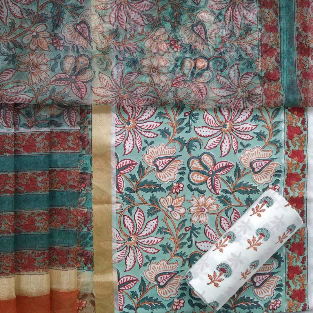Shop unstitched Block Print Pure Cotton Suits with Organza Dupatta (TORG88)