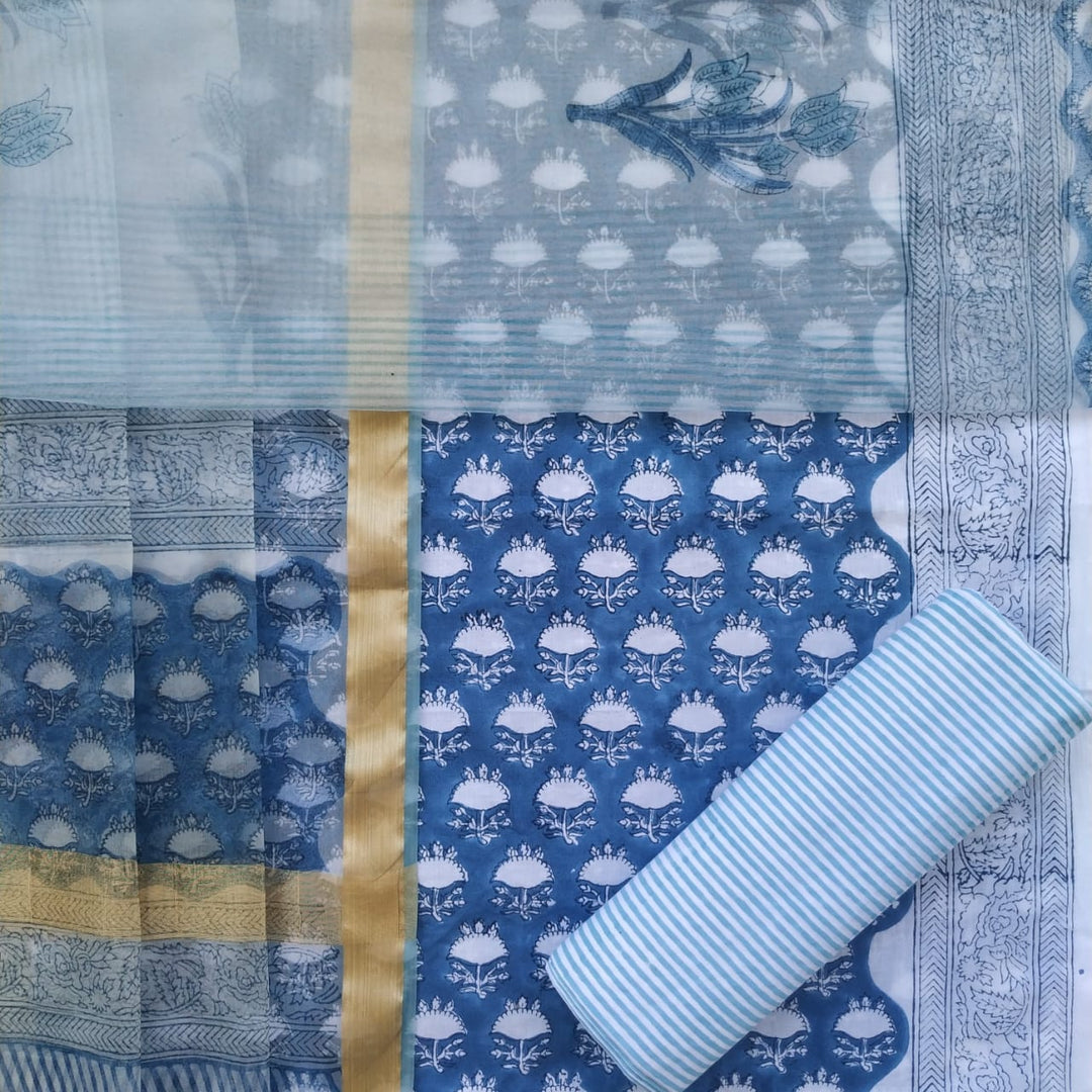 Shop Unstitched Designer Block Print Pure Cotton Suits with Organza Dupatta (TORG98)