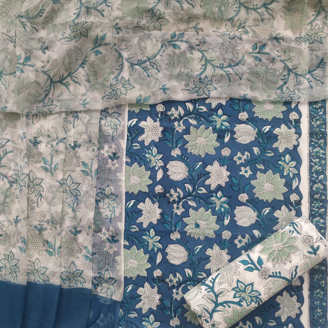 Shop Unstitched Hand Block Print Pure Cotton Chiffon Dupatta Suits (TPCHF102)