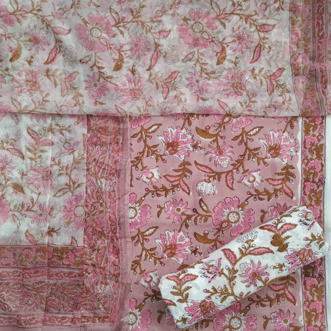 Shop Unstitched Hand Block Print Pure Cotton Chiffon Dupatta Suits (TPCHF132)