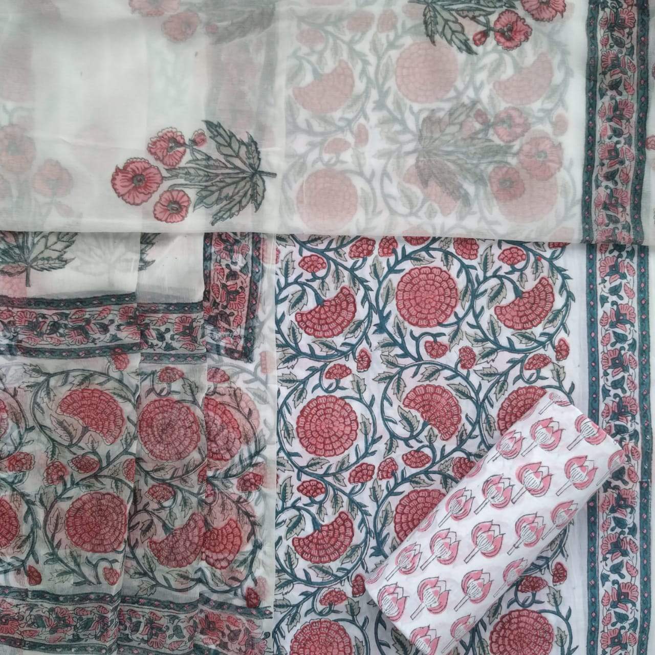Shop Unstitched Hand Block Print Pure Cotton Chiffon Dupatta Suits (TPCHF214)