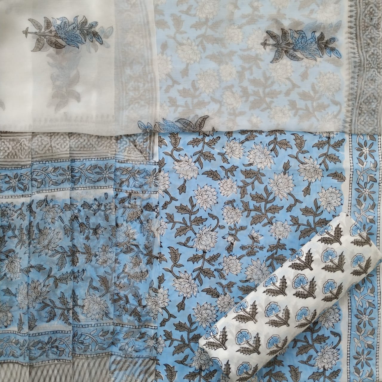 Shop Unstitched Hand Block Print Cotton Suits with Chiffon Dupatta (TPCHF231)