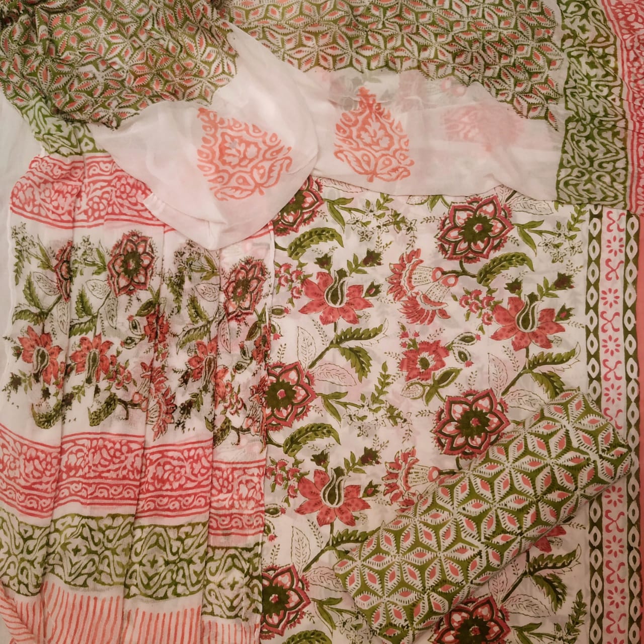 Shop Unstitched Hand Block Print Pure Cotton Chiffon Dupatta Suits (TPCHF69)