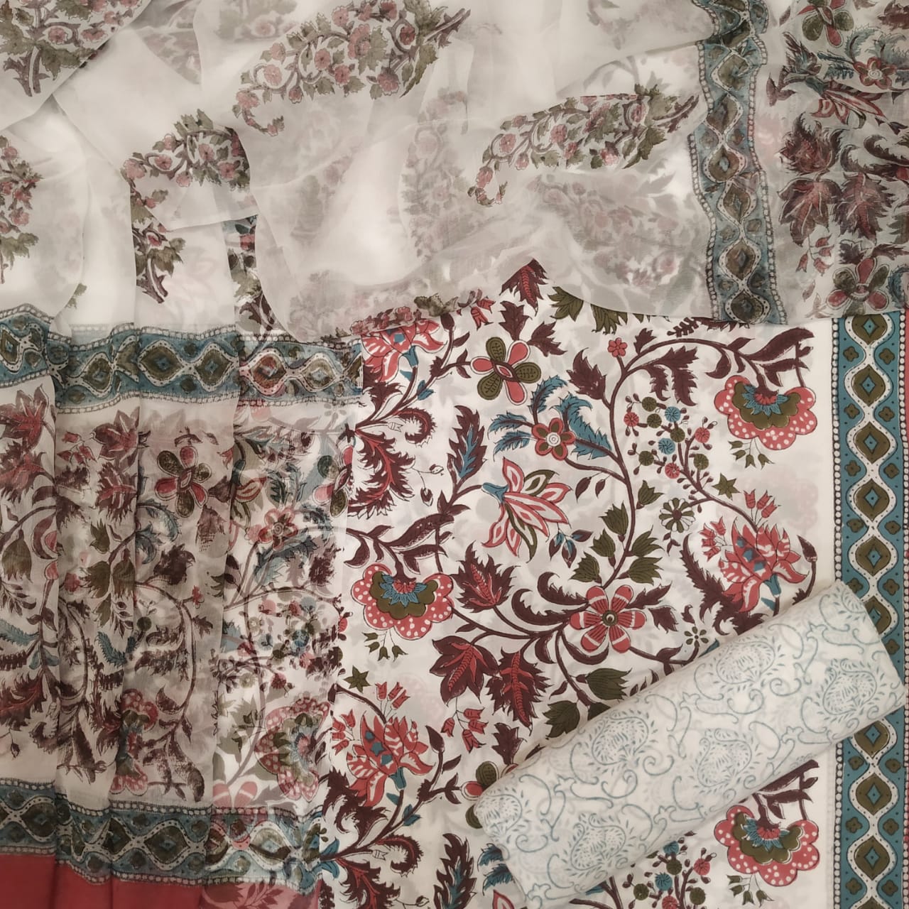 Shop Unstitched Hand Block Print Pure Cotton Chiffon Dupatta Suit (TPCHF70)