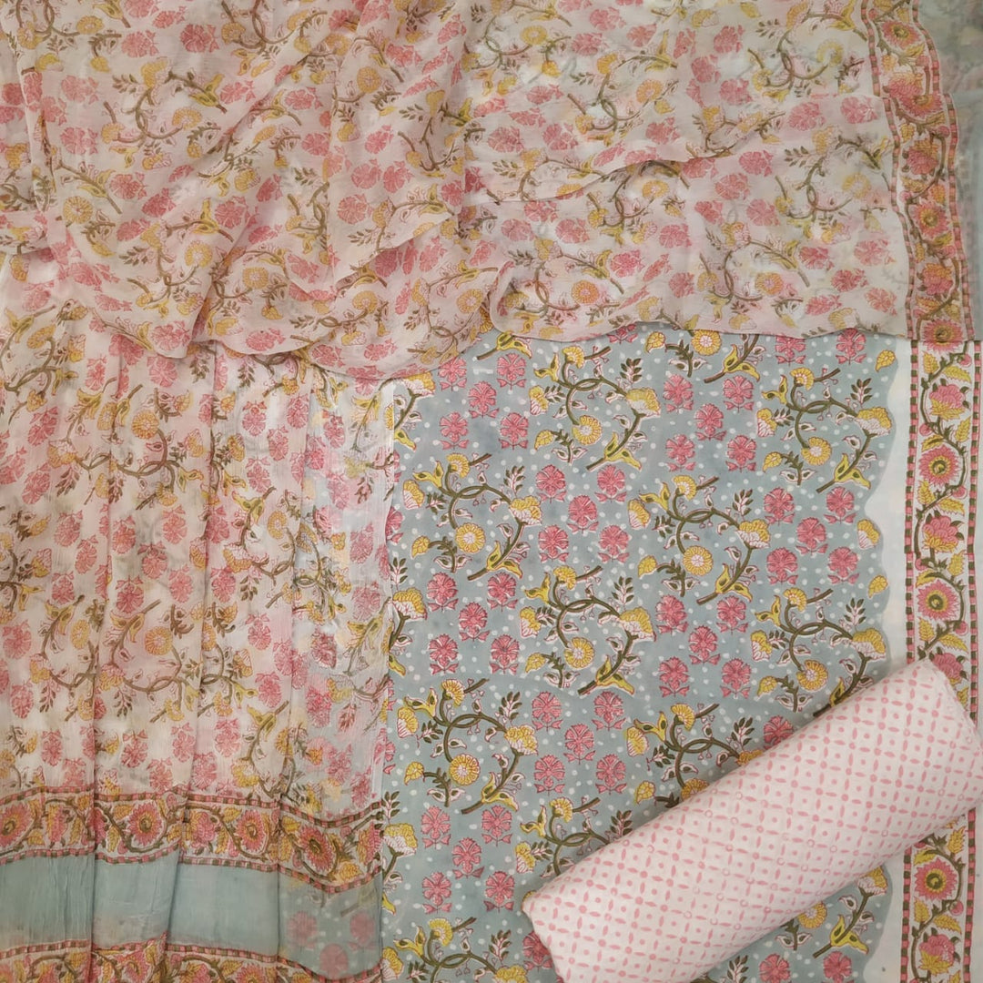 Shop Unstitched Hand Block Print Pure Cotton Chiffon Dupatta Suits online (TPCHF83)