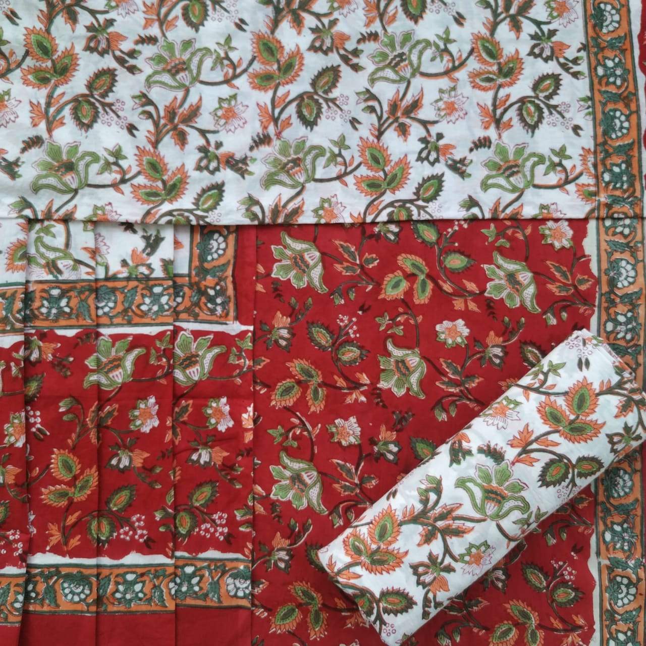 Shop Unstitched Hand Block Print Pure Cotton Suits with Mulmul Dupatta (TPRMUL113)