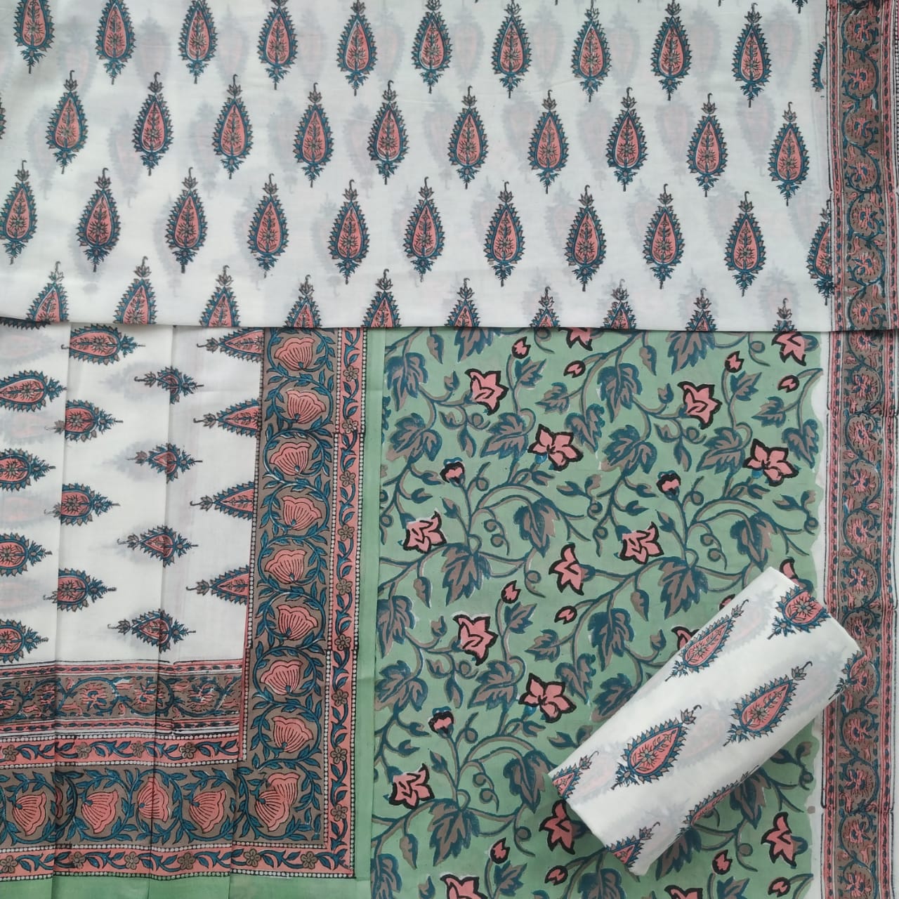 Shop Unstitched Hand Block Print Pure Cotton Suits with Mulmul Dupatta (TPRMUL137)