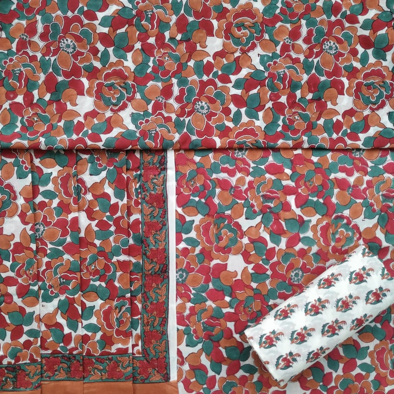 Shop Unstitched Hand Block Print Pure Cotton Suits with Mulmul Dupatta (TPRMUL150)