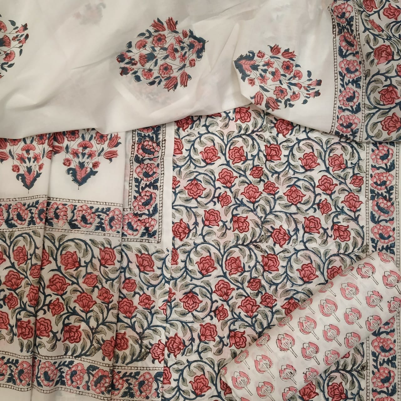 Shop Unstitched Hand Block Print Pure Cotton Suits with Mulmul Dupatta (TPRMUL27)