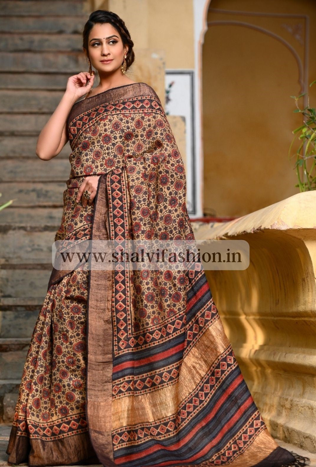 Shop hand block print pure tussar silk sarees onlineShop hand block print pure tussar silk sarees online