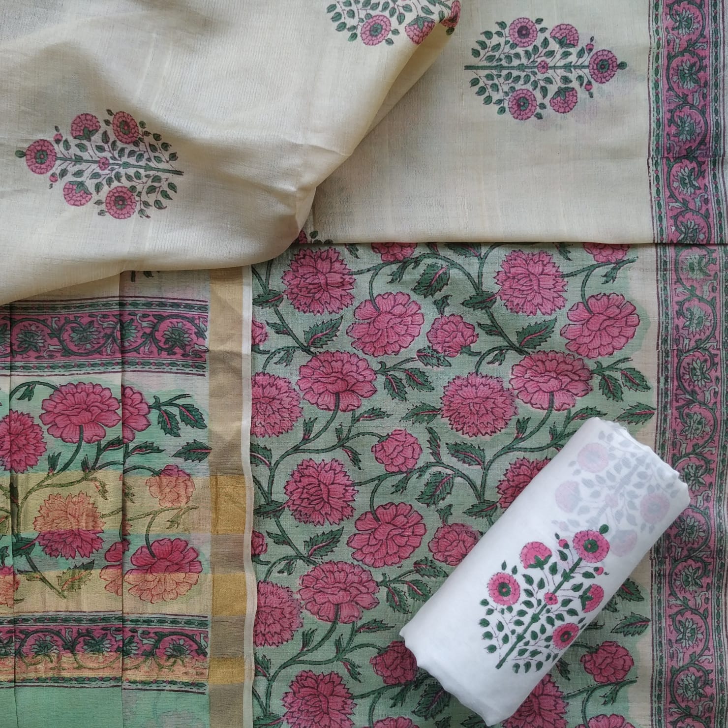 Shop unstitched hand block print tussar silk suit sets in jaipur (TUS14)