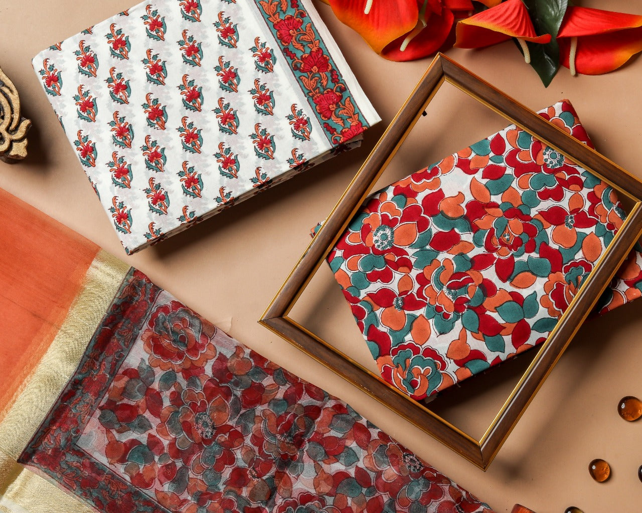 Designer Block Print Pure Cotton Suit with Organza Dupatta (TORG91)