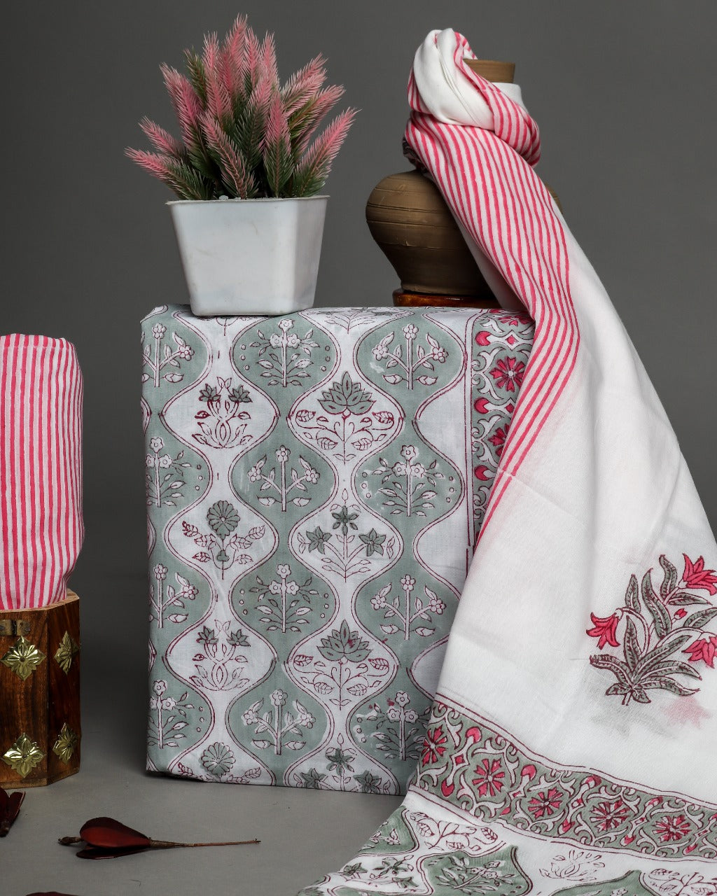 Shop Unstitched Hand Block Print Pure Cotton Suits with Mulmul Dupatta (PRMUL187)