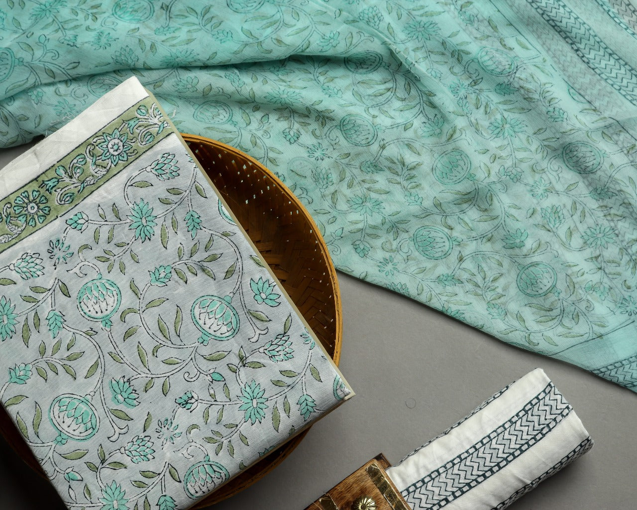 Shop Unstitched Hand Block Print Pure Cotton Suits with Chiffon Dupatta (PCHF95)