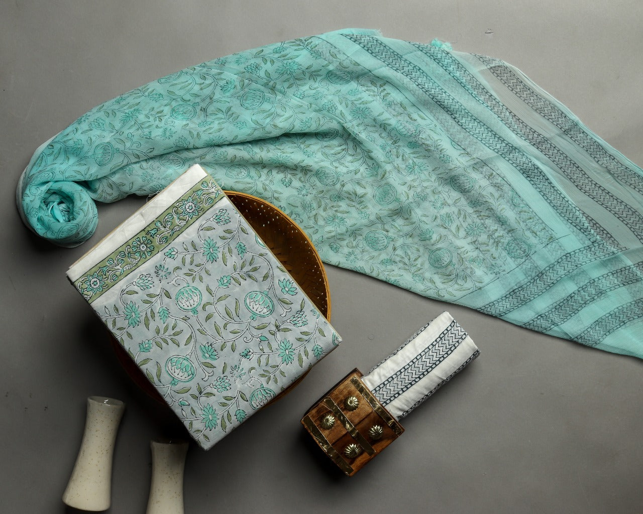 Shop Unstitched Hand Block Print Pure Cotton Suits with Chiffon Dupatta (PCHF95)