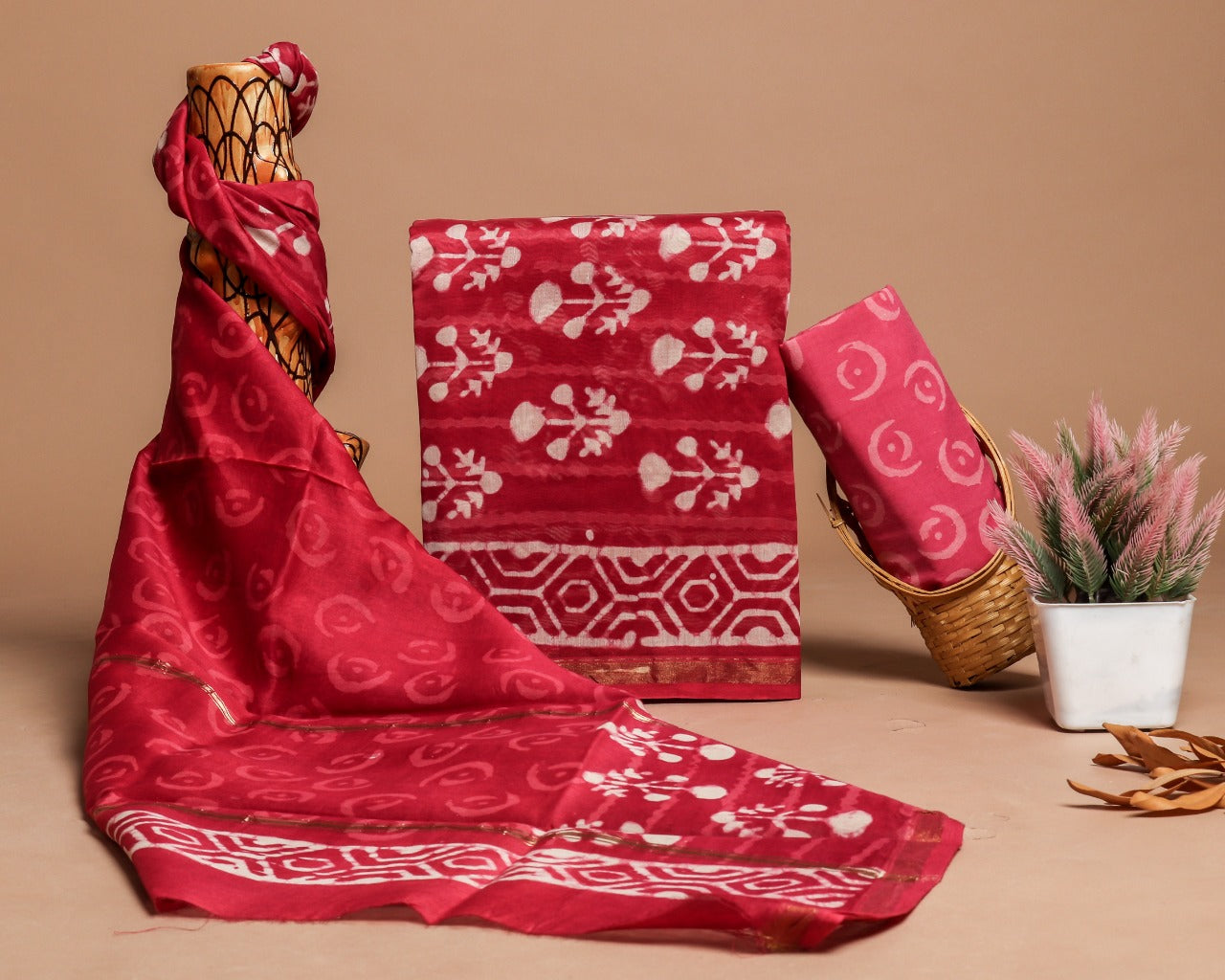 shop unstitched bagru print chanderi silk suit sets