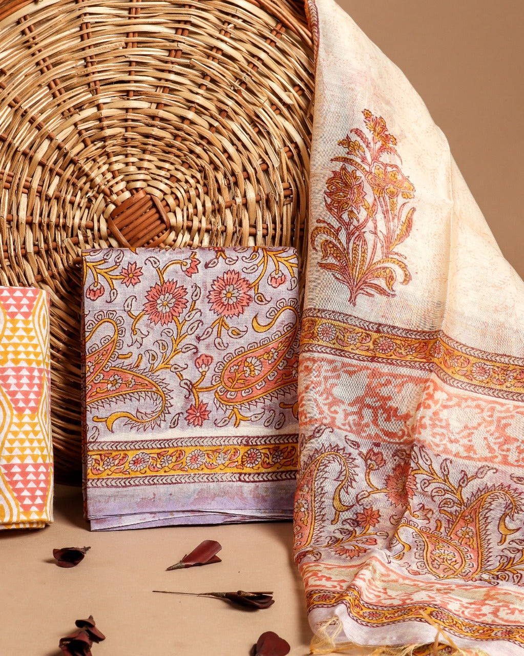 Shop Unstitched Hand Block Print Chanderi Silk Suit Sets (CHA366)