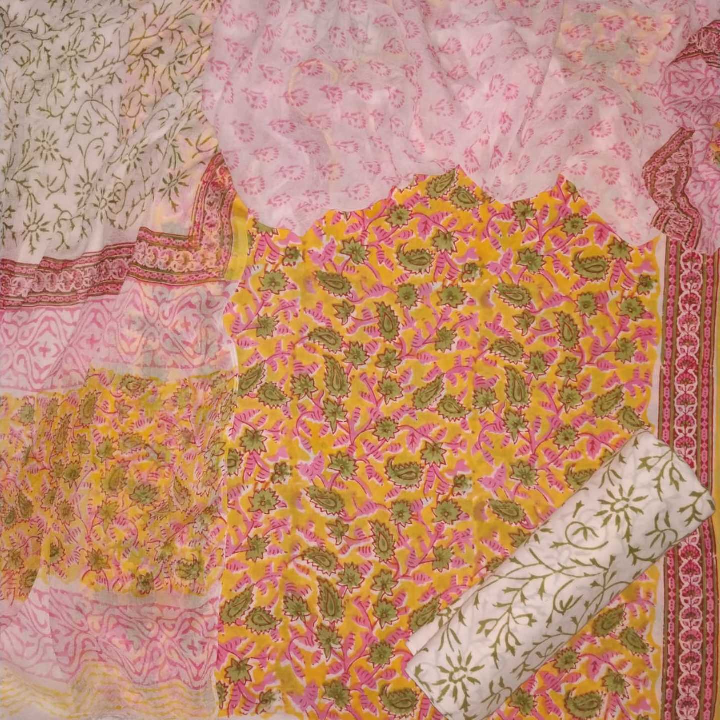 Dazzling Pastels- Hand Block Printed Suits with Flawless Chiffon Dupattas (DAZ34) - ShalviFashion