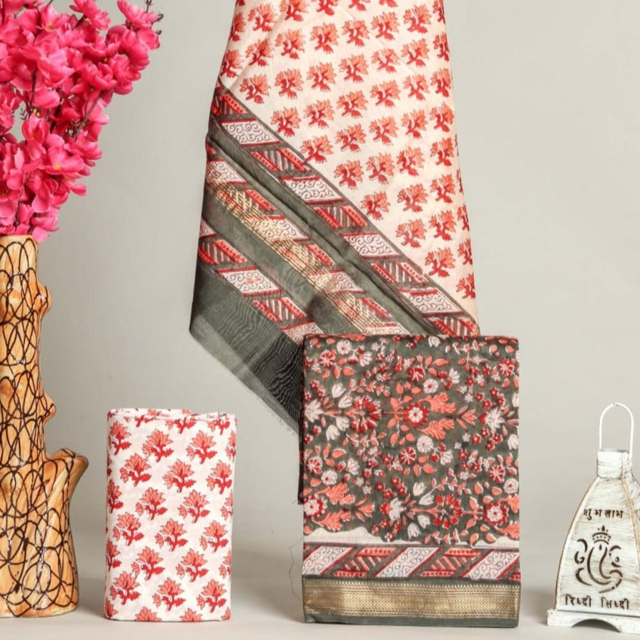 Hand Block Printed Maheshwari Silk Suit Set (MSL394)
