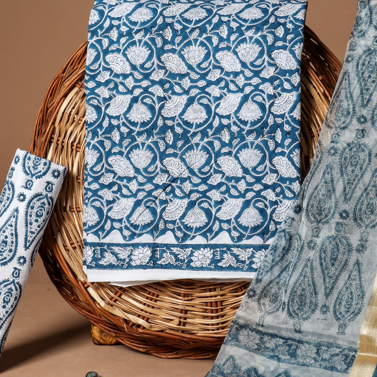 shop hand block print cotton suit with organza dupatta online (ORG141)