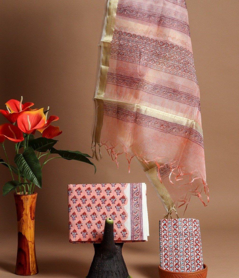 Shop Unstitched Hand Block Print Cotton Suit Material online with Organza Dupatta (ORG37)