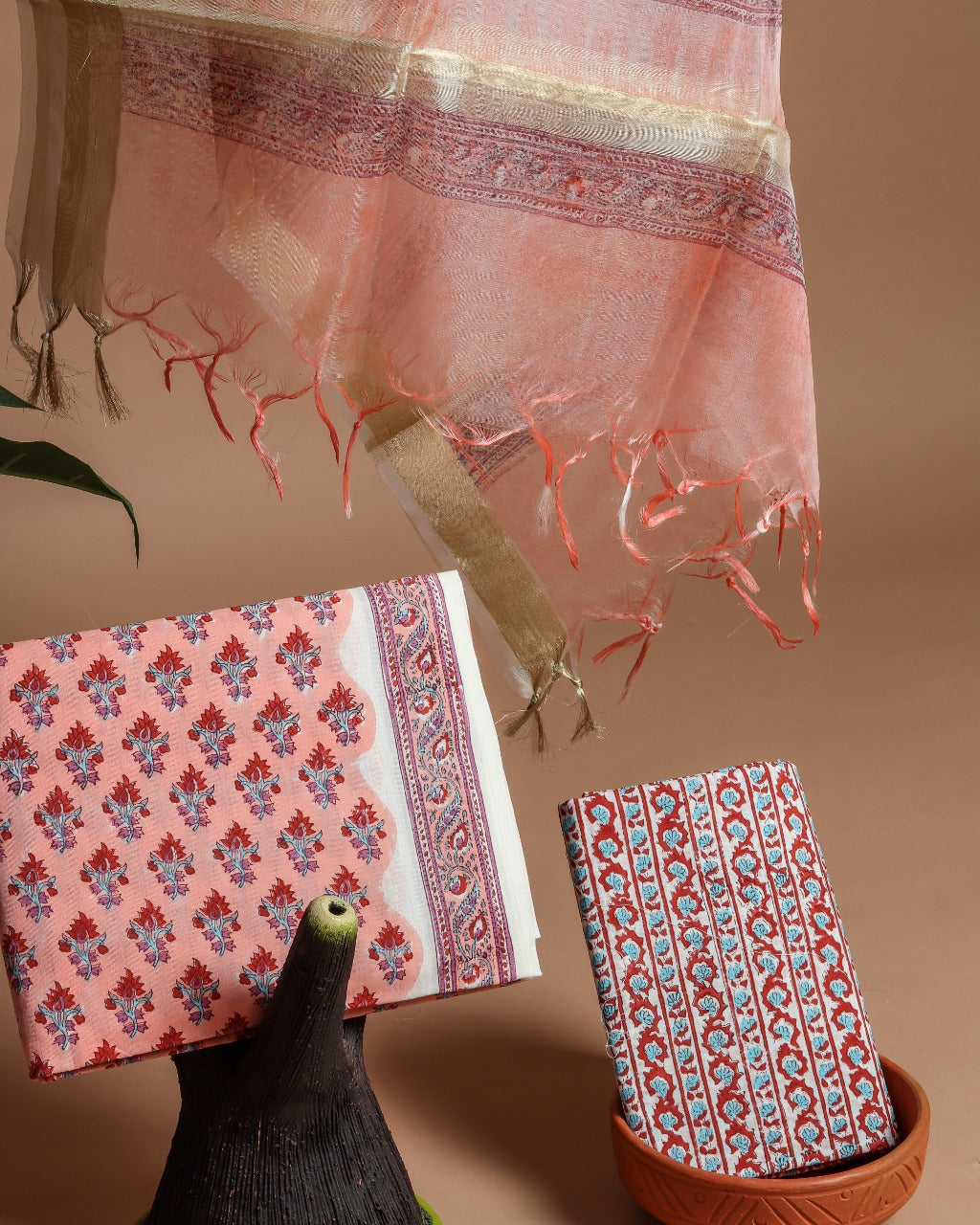 Shop Unstitched Hand Block Print Cotton Suit Material online with Organza Dupatta (ORG37)