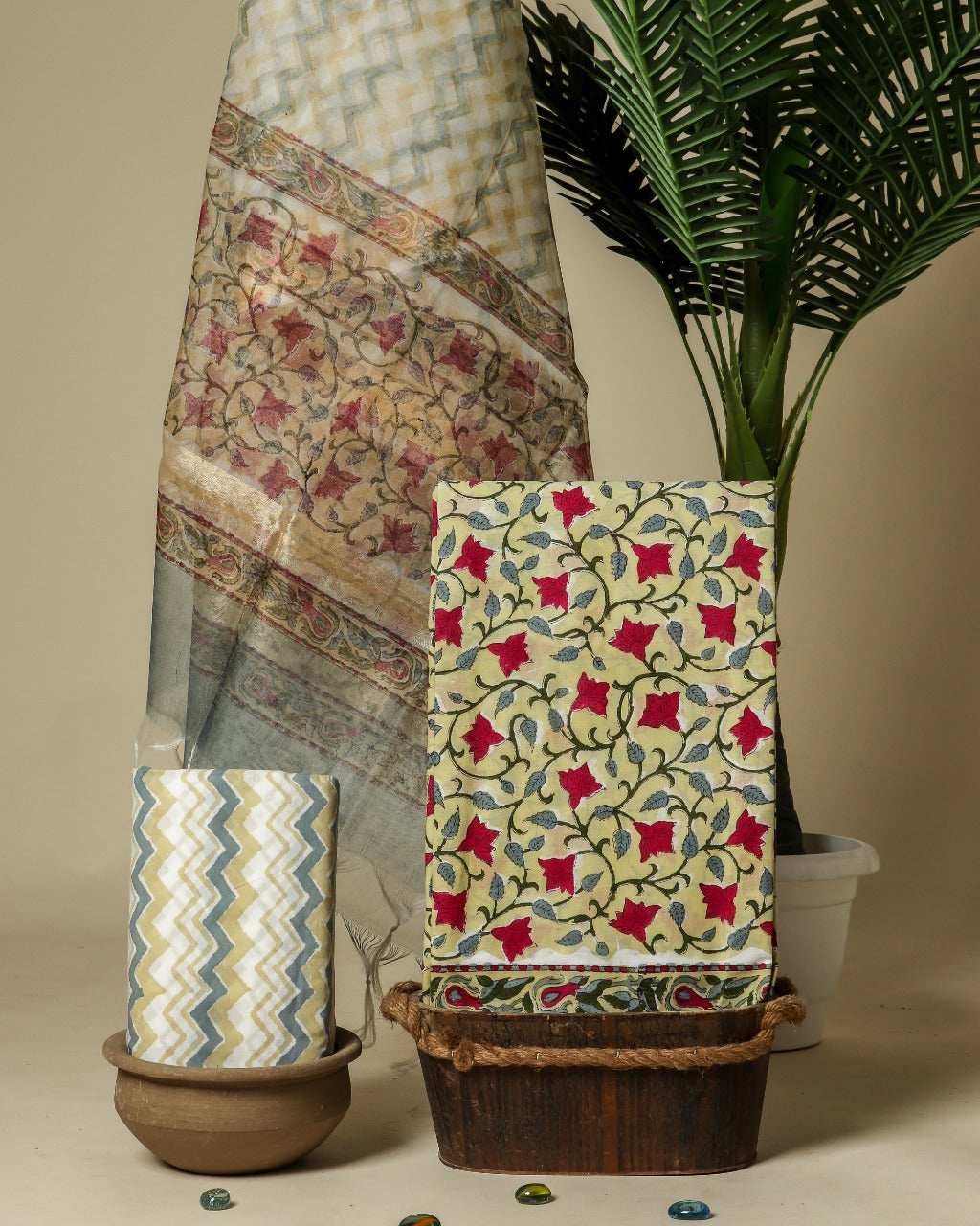 Shop Unstitched Pure Cotton Suits with Organza Dupatta (ORG48)