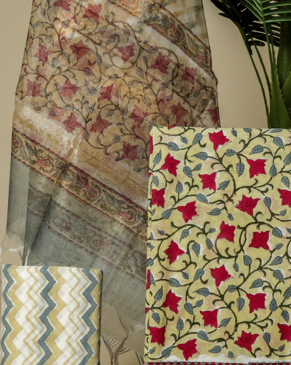 Shop Unstitched Pure Cotton Suits with Organza Dupatta (ORG48)