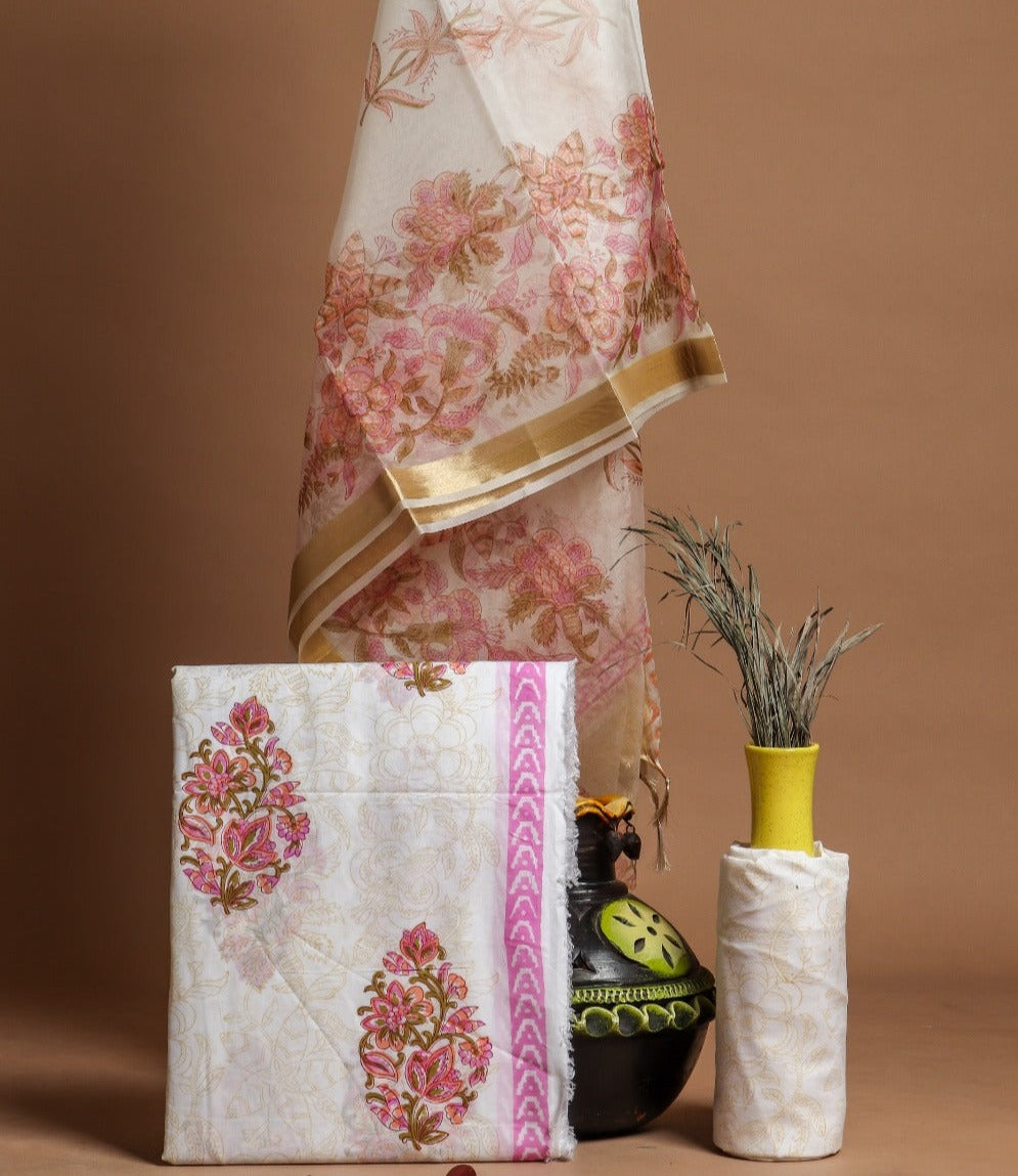 Shop Unstitched Pure Cotton Suits with Organza Dupatta (ORG58)
