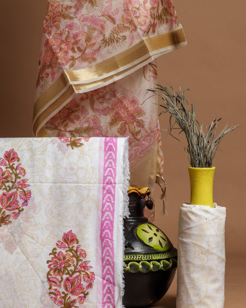 Shop Unstitched Pure Cotton Suits with Organza Dupatta (ORG58)