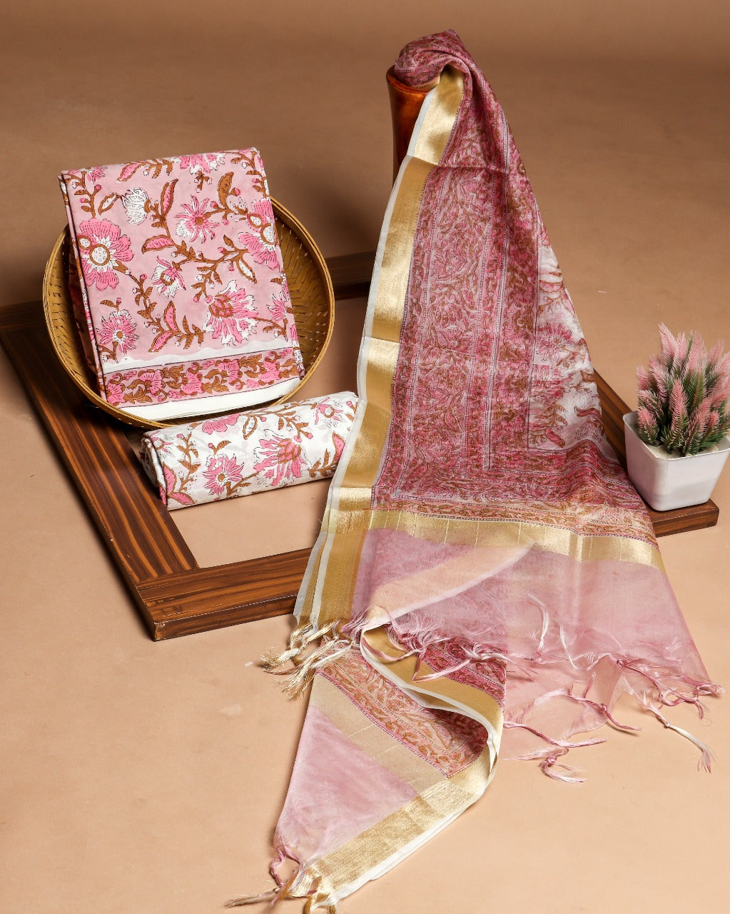 Shop Unstitched Block Print Pure Cotton Suits with Organza Dupatta (ORG74)