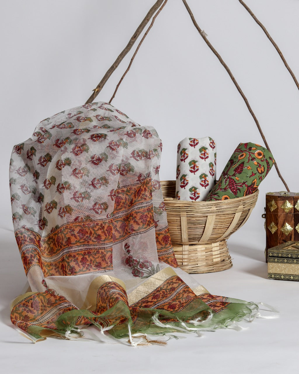 Shop Unstitched Hand Block Print Pure Cotton Suits with Organza Dupatta (ORG80)